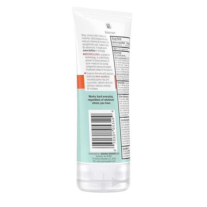 Neutrogena Oil-Free Acne Stress Control Power-Cream Face Wash with 2% Salicylic Acid Acne Treatment Medication, Soothing Daily Acne Facial Cleanser for Acne-Prone Skin Care, 6 foz