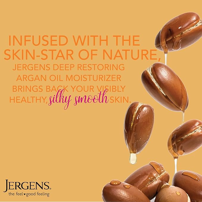 Jergens Deep Restoring Argan Oil Moisturizer, Soothing Body and Hand Lotion, with Reviving Argan_Oil and Vitamin E, Oil-Infused, Dermatologist Tested, 16.8 oz (Pack of 2)