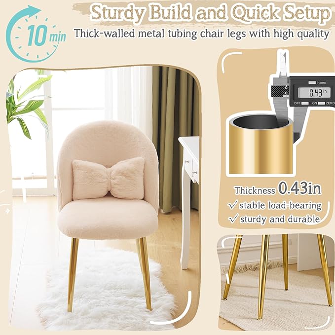 VINGLI Boucle Girls Vanity Chair with Back & Pillow,Cute Small Cozy Desk Chair No Wheels,Comfy Makeup Ch with Ajustable Gold Legs,for Bedroom,Living Room,Small Space,Khaki