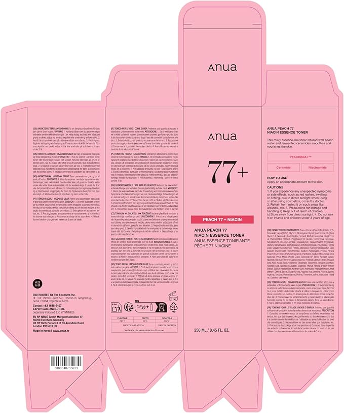 Anua Peach 77 Niacin Essence Toner 250ml / Brightening Toner for Face, Niacinamide, Panthenol, Ceramides, Facial Toner for Glass Skin, Korean Skin Care (8.45 fl.oz.)