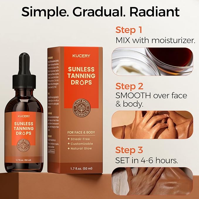 Self Tanning Drops - Face Tanning Drops & Body Bronzing Serum for Instant Sun-Kissed Glow, Streak-Free Sunless Tanner, Buildable Natural Tan, Plant Based, 1.7 fl oz (50ml)