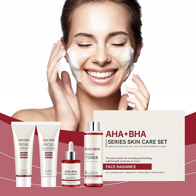 Travel Skincare Set with AHA BHA - 4 Piece Gentle Exfoliating Kit | Cleanser, Toner, Serum & Moisturizer for Women & Teens, Face Daily Korean Care Gift Box Dewy Skin Set Deep Cleansing Hydrate