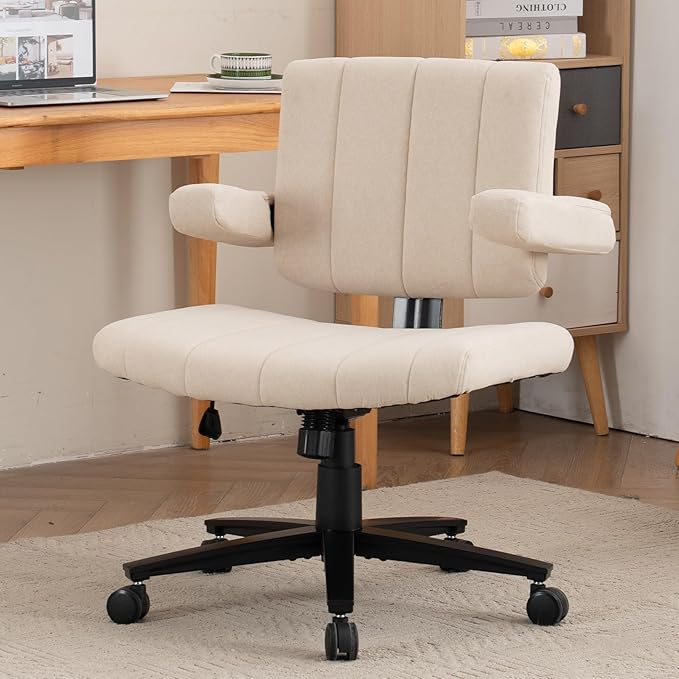 White Criss Cross Office Chair with Wheels, Ergonomic Wide Seat Vanity & Dressing Table Chair, Adjustable Arms Swivel Rolling Desk Chair for Women, Comfortable Cross-Legged Support