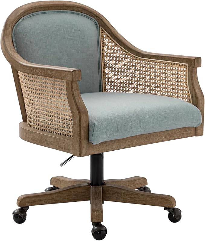 HULALA HOME Rattan Desk Chair, Upholstered Home Office Chair, Vintage Office Chair with Armrest, Adjustable Swivel Rolling Height Task Chair for Living Room Bedroom Study Room, Blue