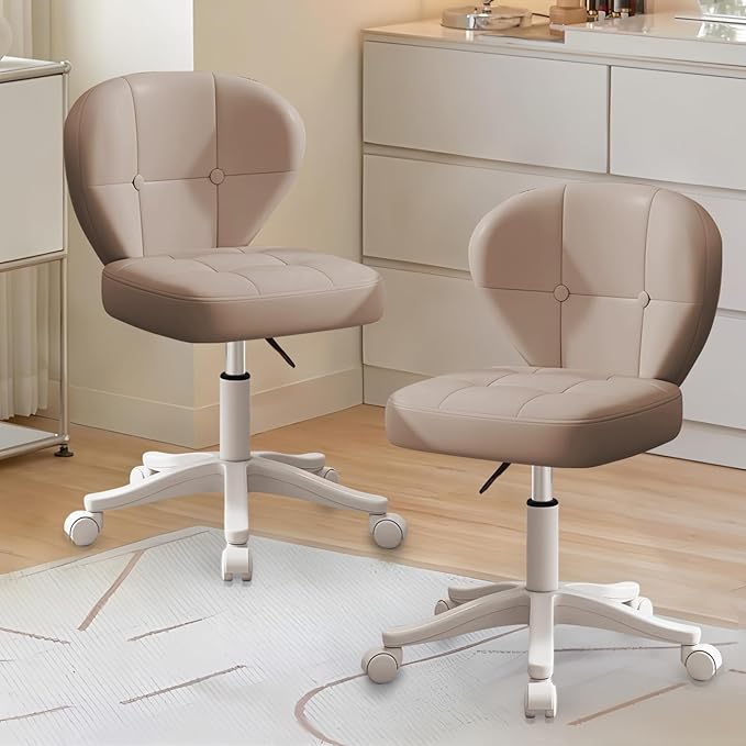 Vanity Chair with Back – Small Armless Office Chair with Wheels, Lumbar Support, PU Leather, Adjustable Height, 360° Swivel for Home, Bedroom, Office Khaki Set of 2