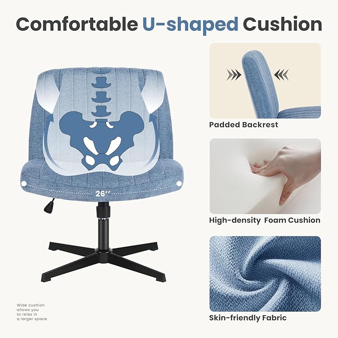 DUMOS Criss Cross Legged Chair Wide Comfy Home Office Desk Seat, No Wheels Armless Computer Task Seating, Swivel Vanity Chair Height Adjustable for Makeup Bedroom, Fabric Blue