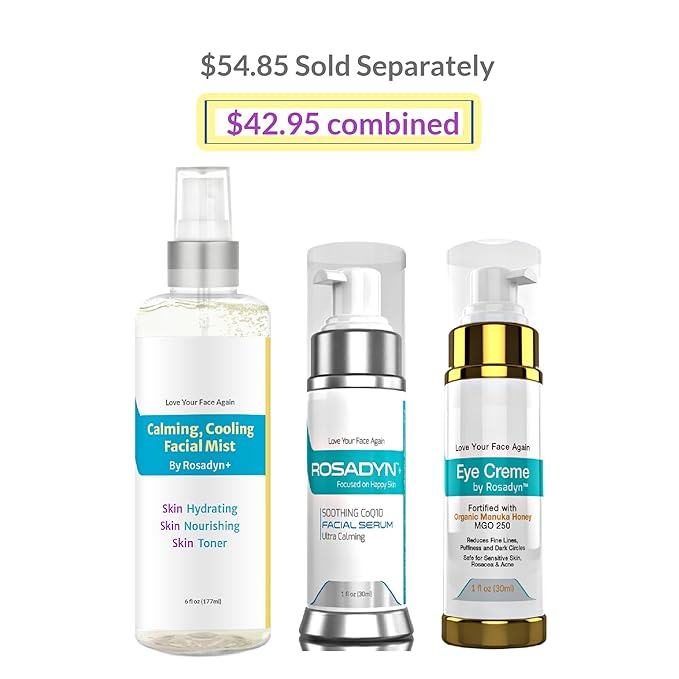 Rosacea Skin Care Trio - CoQ10 Serum, Eye Cream, Toner-Mist | For Sensitive Skin, Face Redness, Fine Lines and Hydration by Rosadyn+