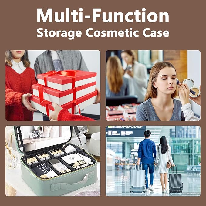 Makeup Bag with Led Mirror,Large Vanity Makeup Cases with 3 Color Setting,Portable Storage and Adjustable Dividers,for Women and Makeup Artists Cosmetic Organizer Travel Makeup Bag-Mocha