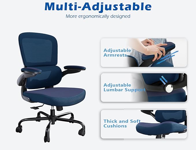 TRALT Ergonomic Office Chair - Desk Chair with Adjustable Lumbar Support Computer Chair - Mesh Comfy Chair with Flip-up Armrests - Gaming Chairs for Adults Home Office (PU Leather, Navy Blue)