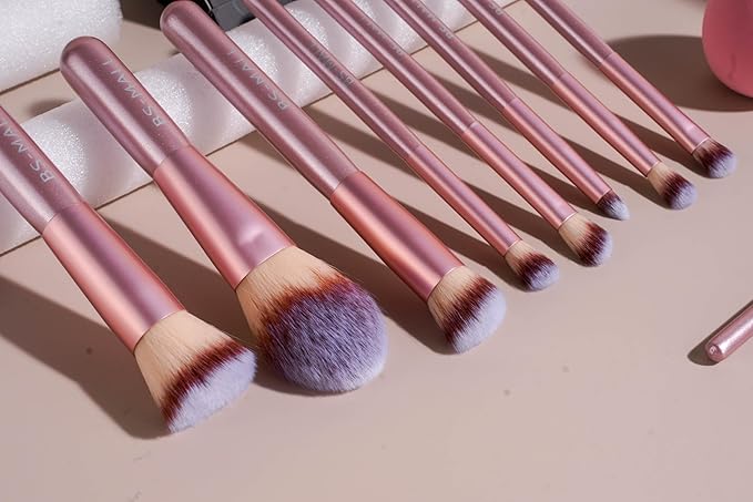 BS-MALL 14 Pcs Makeup Brushes Set with 1 Pcs Makeup Sponge – Essential Foundation Powder Concealers, Eye Shadows, Blush Makeup Brushes with Travel Makeup Case (Matte Gold Pink)