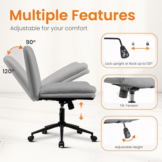 NEO Chair Criss Cross Chair with Wheels Armless Cross Legged Office Desk Wide Comfy Vanity Makeup Chair Adjustable Swivel Rolling Computer for Home Office PU Leather (Grey)