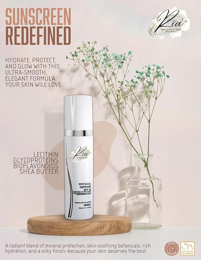 Ria Physical Defense SPF 40 Sunscreen & Moisturizer – Broad Spectrum Face Lotion with Vitamin E – Lightweight, Non-Greasy Daily Skin Protection, 2.1 fl oz
