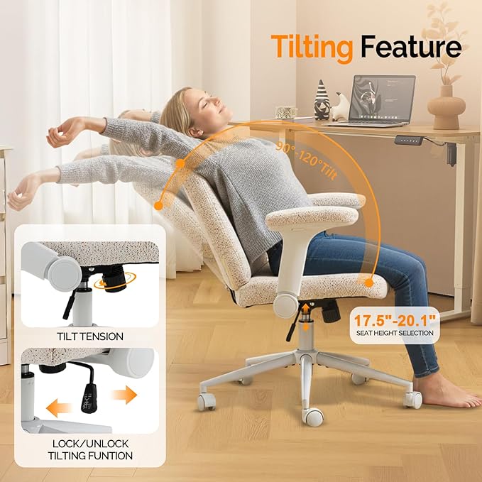 VINGLI Criss Cross Chair with Adjustable Flip-Up Arms,Cross Legged Chair with Wheels,Extra Wide Office Chair,Desk Chair for Home Office,Vanity,Bedroom, Apartment,Starry Chenille,White