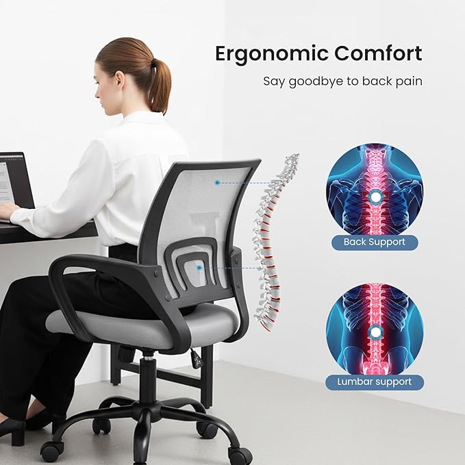 DUMOS Home Office Chair - Ergonomic Mid Back Mesh Desk Chair with Lumbar Support & Rocking Mode, Height Adjustable with Fixed Armrest, for Computer, Gaming, Meeting, 360° Swivel, Grey