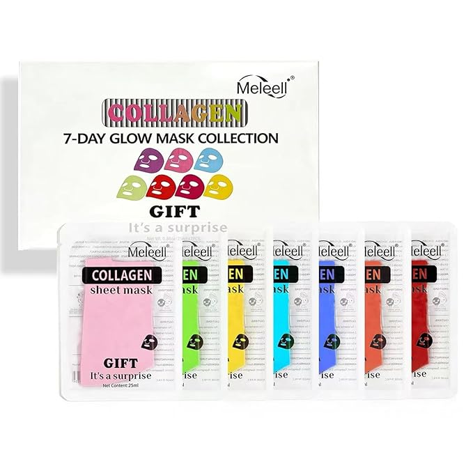 Collagen Face Mask Set - 7 Color Hydrating Sheet Masks for Women & Teens, Gentle Formula for Sensitive Skin, Spa Gift Set for Girls, Birthday Gifts for Her（7 Pack