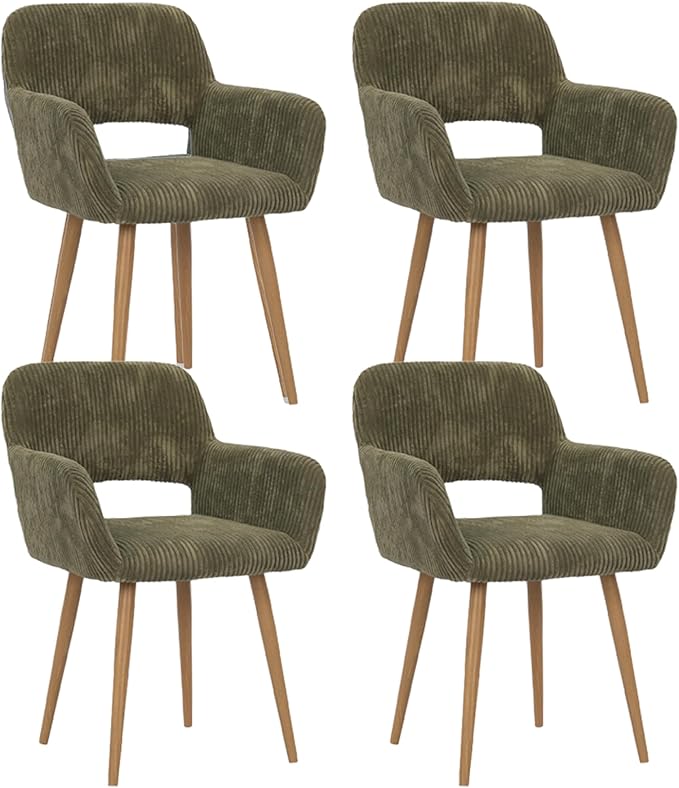 KCC Small Modern Dining Room Arm Chairs Set of 4, Mid-Century Upholstered Corduroy Fabric Side Seat Club Guest with Metal Tube Legs for Kitchen, Living Room, Green