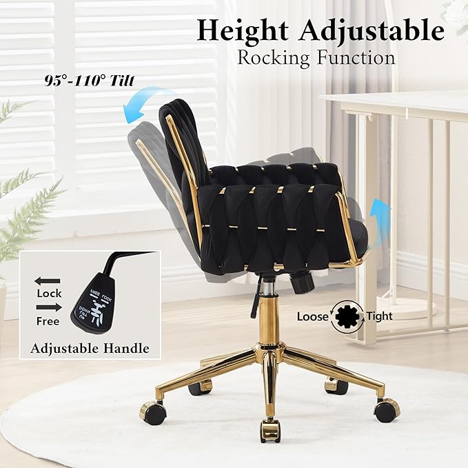 civama Velvet Office Desk Chair with Hand Woven Backrest, 360°Swivel & Height Adjustable Cute Girls Vanity Vlog Chairs, Nail Salon Bedroom Dressing Room Armchair with Gold Base and Wheels (Black)