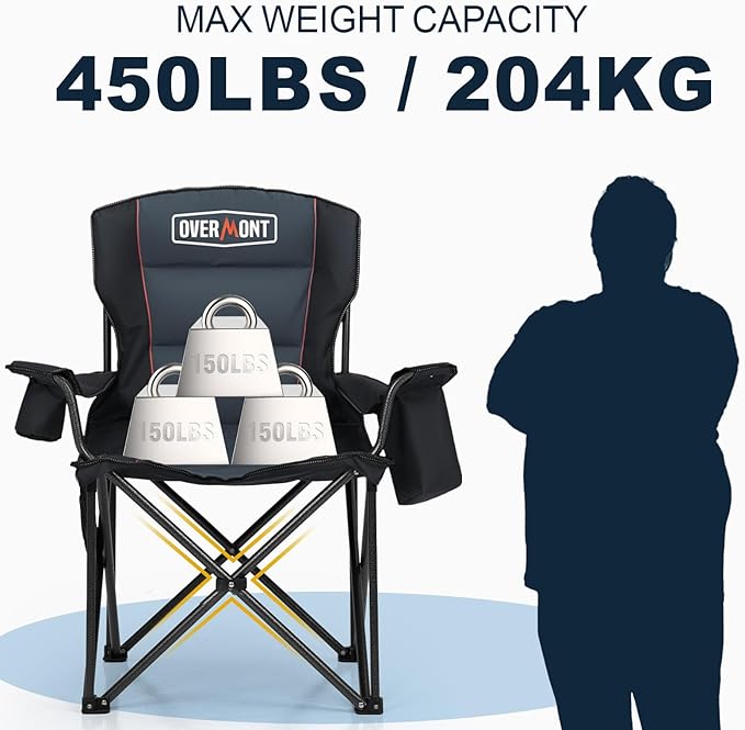 Overmont Oversized Folding Camping Chair - 450lbs Support with Padded Cushion Cooler Pockets - Heavy Duty Collapsible Chairs for Sports Garden Beach Fishing