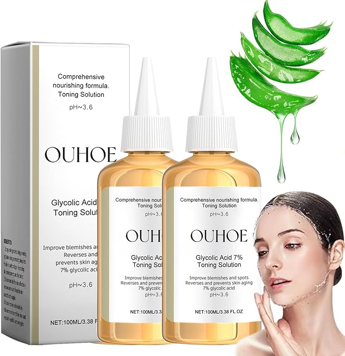 Glycolic Acid 7% Toning Solution, Gentle & Refreshed OUHOE Glycolic Sour 7% Toning, Glycolic Sour 7% Toning, Soothes and Hydrates the Skin, Exfoliating Serum for Face, Astringe Pores (2pc)