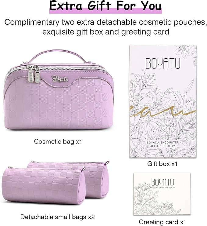 BOYATU Travel Makeup Bag Organizer: 3 Pcs Set Large Capacity Cosmetic Bags Holds 10–20 100ml Full-Size Bottles - 180°Open-Flat Make up Case 3-sec touch-up - Toiletry Bag Gift women (01-F-Purple)