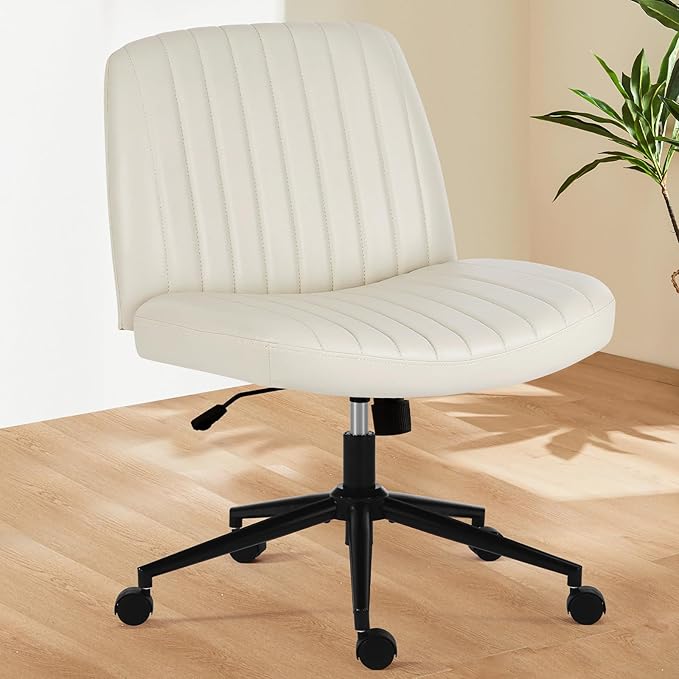 Sweetcrispy Criss Cross Chair Legged, Armless Office Desk Chair with Wheels, PU Leather Swivel Vanity Height Adjustable Wide Seat Computer Task Seating - Beige