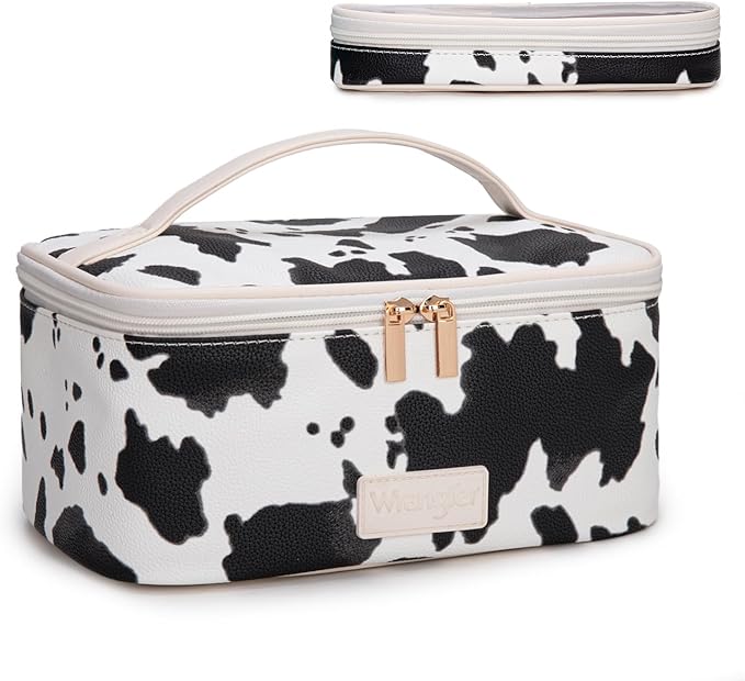 Montana West X Wrangler Travel Makeup Bag 2pcs Set Large Cosmetic Bag with Makeup Brush Holder Portable Make Up Organizer Cute Toiletry Bag with Divider and Handle for Women