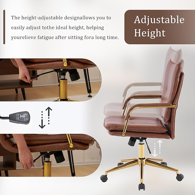 MOJAY Office Chair, Leather Desk Chair, Brown Desk Chair, Mid Century Modern Office Chair, Swivel Comfy Upholstered Wide Seat Chair with Gold Legs and Armrests for Home, Office (Brown&Golden)