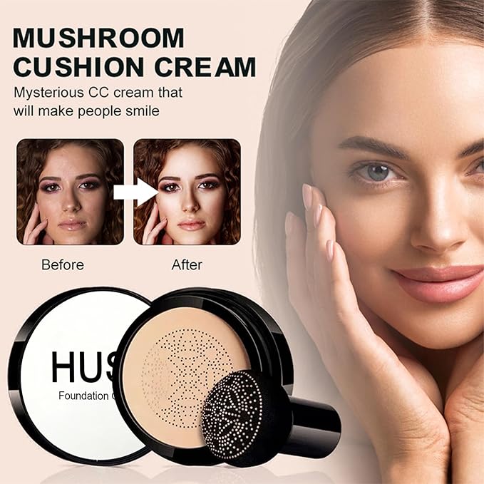 Hush Foundation for Mature Skin，Warm Tone CC Air Cushion Foundation，Moisturizing & Skin-Care Air Cushion Foundation，Luvie Glow Foundation Full Coverage Long-Lasting BB Cream with Mushroom Applicator