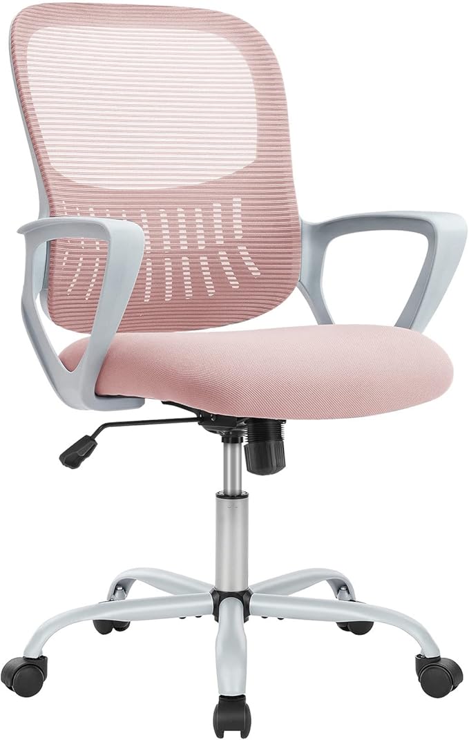DUMOS Home Office Chair, Mid Back Computer Ergonomic Mesh Desk with Large Seat, Executive Height Adjustable Swivel Task with Lumbar Support and Armrest, for Adults, Pink