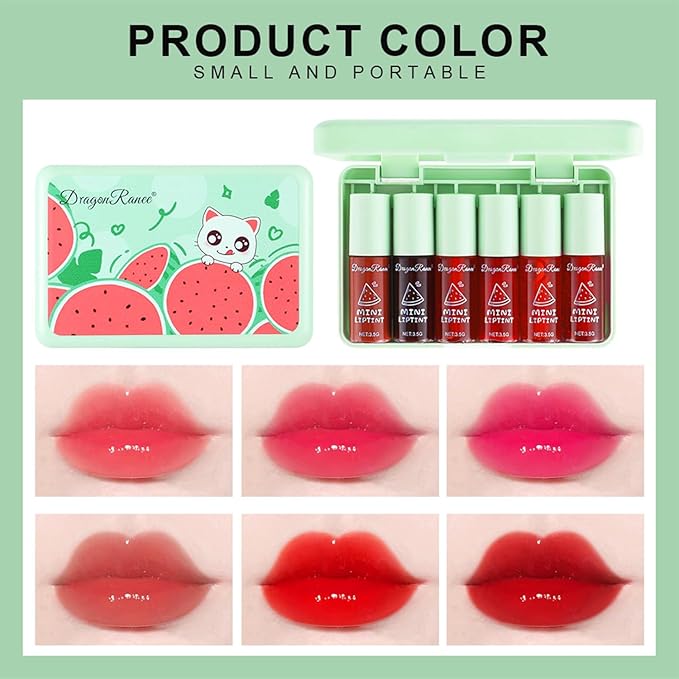 Eakroo 6 Colors Watermelon Lip Stain Set, Korean Velvet Watery Lip Tint Moisturizing Mini Liquid Lip Gloss, Lipstick for Women, Blush for Cheeks, Cute Stuff, Long-Lasting, Vivid Color, High Pigment