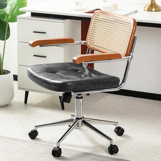 Rattan Office Chairs, Modern Rattan Desk Chair with Natural Back & Wood Armrest, Small Upholstered Tufted Leather Home Office Desk Chairs for Home Office, Bedroom, Study, Black