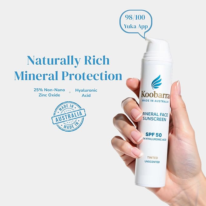 Mineral Face Sunscreen SPF 50, Tinted Aussie Zinc Oxide Sunblock, Hydrating Hyaluronic Acid, Reef Safe, Natural, Organic, Vegan, Australian Made, Sensative Skin, Unscented, 100g 3.4oz