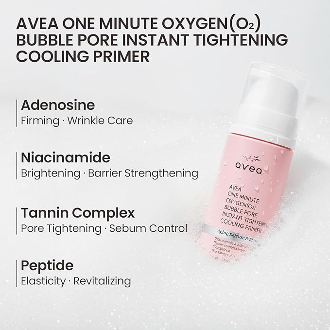 AVEA 1 Minute Bubble Primer – Smoothing, Hydrating & Illuminating Makeup Base with Niacinamide & 12 Peptides, K-Beauty Instant Primer for Radiant, Pore-Refined & Glow Skin, 1.014 fl oz / 30ml