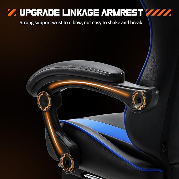 NEWBULIG Computer Gaming Desk Chair - High Back Ergonomic Lumbar Support with Footrest and Headrest, Comfy PU Leather Recliner with Linkage Armrest, Height Adjustable and 360° Swivel, Blue