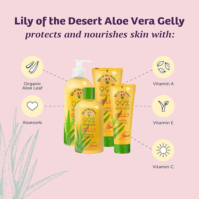 Lily Of The Desert Gelly Moisturizer - 99% Organic Aloe Vera Gel for Skin, After Sun Care with Aloe, Vitamin E Oil, and Vitamin C for Sunburn Relief, 4 Fl Oz