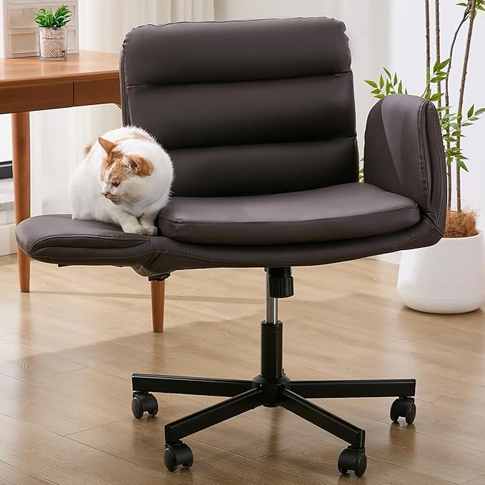 Criss Cross Chair with Flip-Up Arms & Swivel Wheels, Vanity Chair with Adjustable Height & Side Pockets, Comfortable Wide Seat Reclining Computer Office Desk Chairs for Home Office, Make Up, Bed Room
