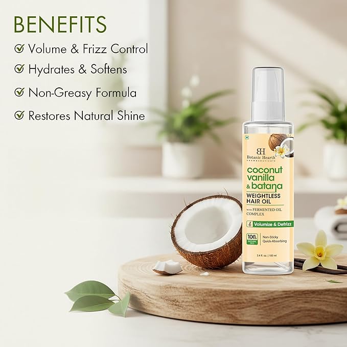 Botanic Hearth Coconut Vanilla & Batana Weightless Hair Oil, 3.4 fl oz |With Batana Oil, Coconut Oil & Vanilla | Lightweight Non-Greasy Formula | Smooth, Silky Hair & Shine | For Thin, Fine & Dry Hair