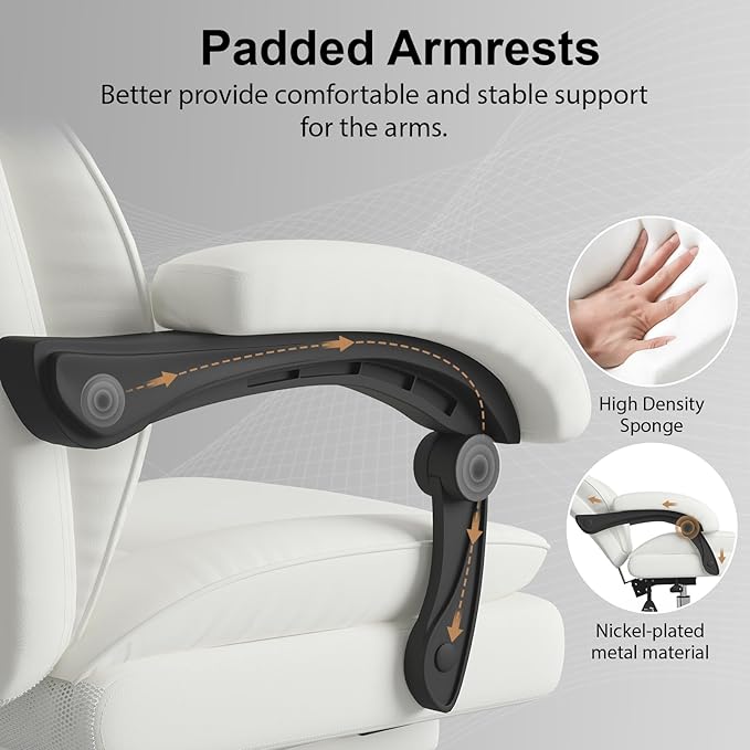 Big and Tall Office Chair, Executive Home Office Desk Chair, Leather Computer Chair with Retractable Footrest, Adjustable Headrest and Reclining Height, Padded Arms, 360°Swivel Free, Wide Seat, White