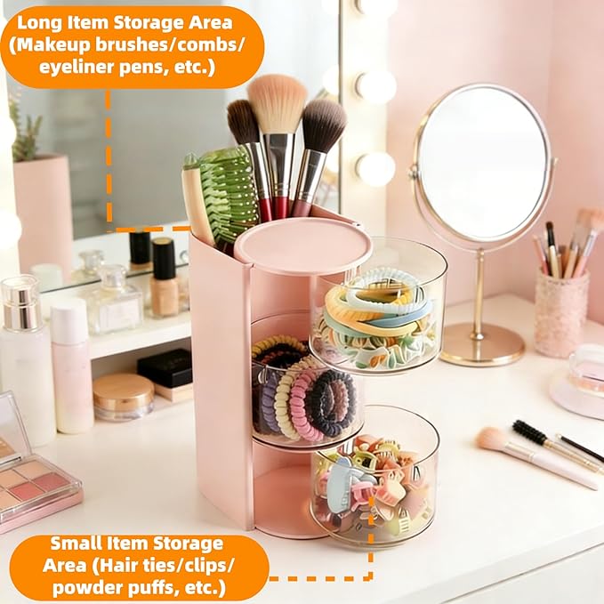 3-Layer Rotating Makeup & Jewelry Organizer with Hair Brush Holder, Vanity Organizer for Earrings, Necklaces, Rings, Bracelets, Hair Clips and Makeup Brushes (Pink)