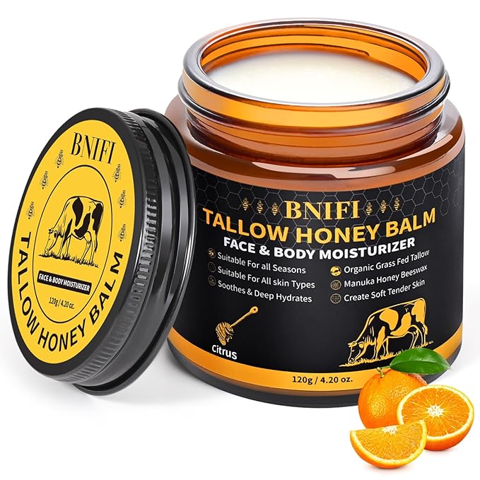 Tallow and Honey Balm for Face Beef Tallow for Skin Organic Grass-Fed Beef Tallow Balm for Face Body Moisturizer (Citrus)