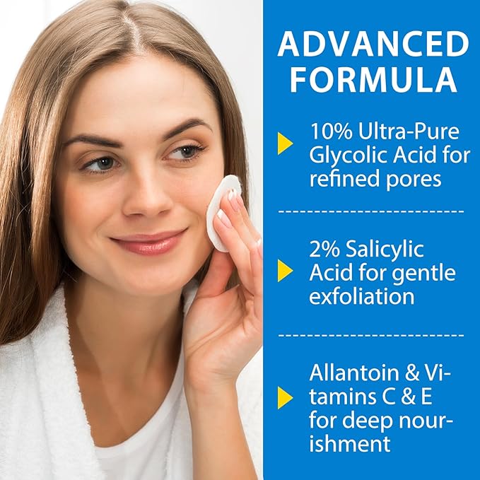 Glycolic Acid Pads for Face with Vitamins B3,B5,C & E, Green Tea, Calendula, Allantoin, Exfoliates Surface Skin and Reduces Fine Lines and Wrinkles-40pcs