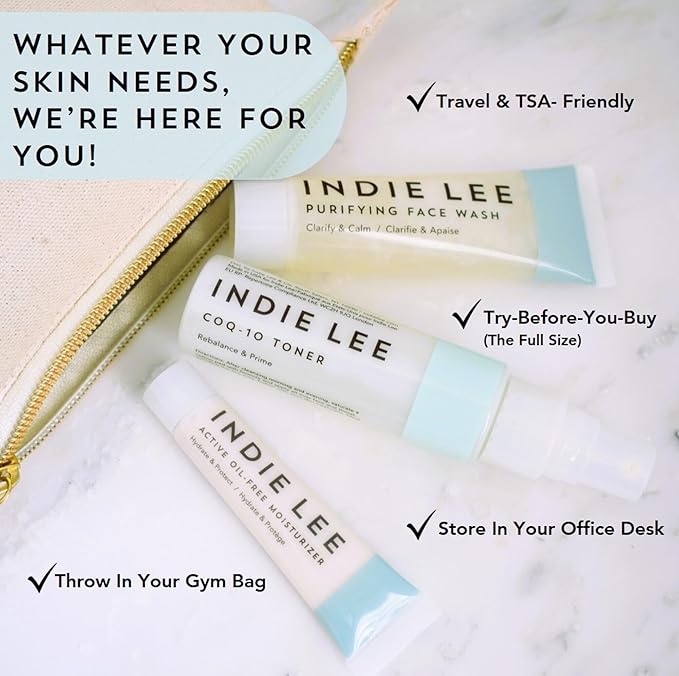 Indie Lee Discovery Kit - Brightening Cleanser, CoQ-10 Toner + Squalane Facial Oil - Skincare Regimen for Adults (3-Piece Travel Size Set)