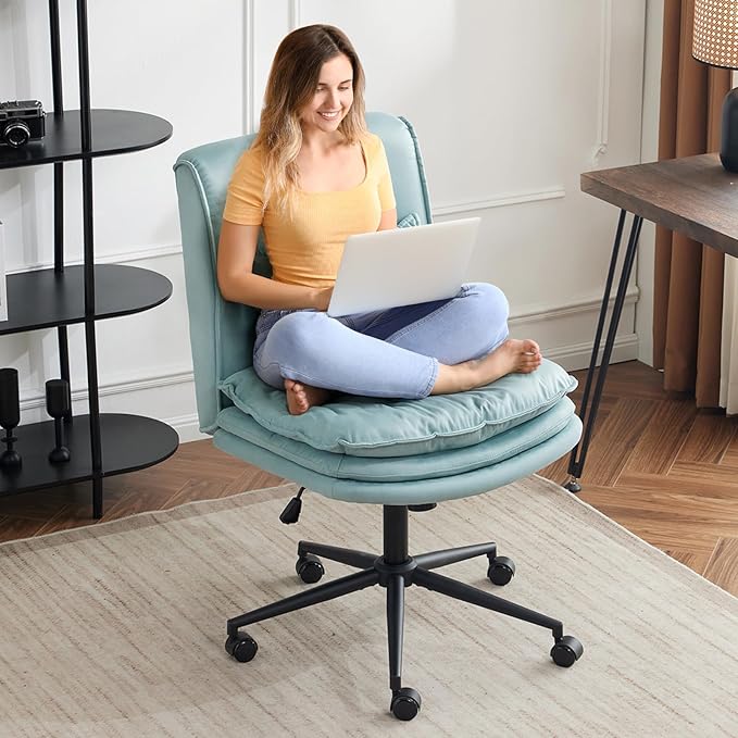 VINGLI Cloud Criss Cross Legged Chair,18" High Back Armless Home Office Desk Chair with Wheels,Wide Adjustable Comfy Padded Seat Task Computer Chair,Modern Swivel Makeup Vanity Chair,Microfiber,Blue