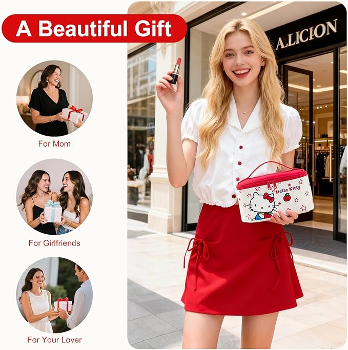AmBealla Cosmetic Bag Large Makeup Travel Case with Brush Holder,Waterproof Makeup Bag Organizer with Hanging Hook,Travel Toiletry Bag for Women,Sweet&Stylish for Girls,Red Apple