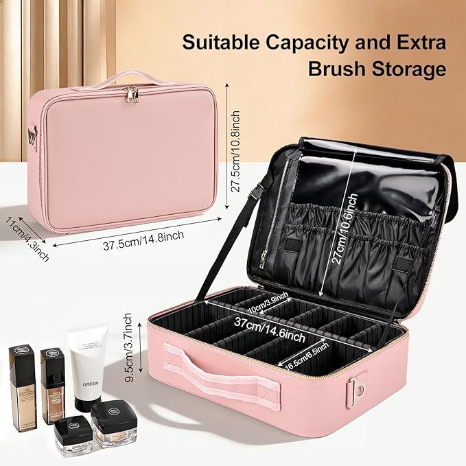 Travel Makeup Bag with Brush Holder, Professional Cosmetic Train Case Organizer, Portable Travel Makeup Brush Carry Case Artist Storage Box with Adjustable Dividers and Shoulder Strap, Leather Pink
