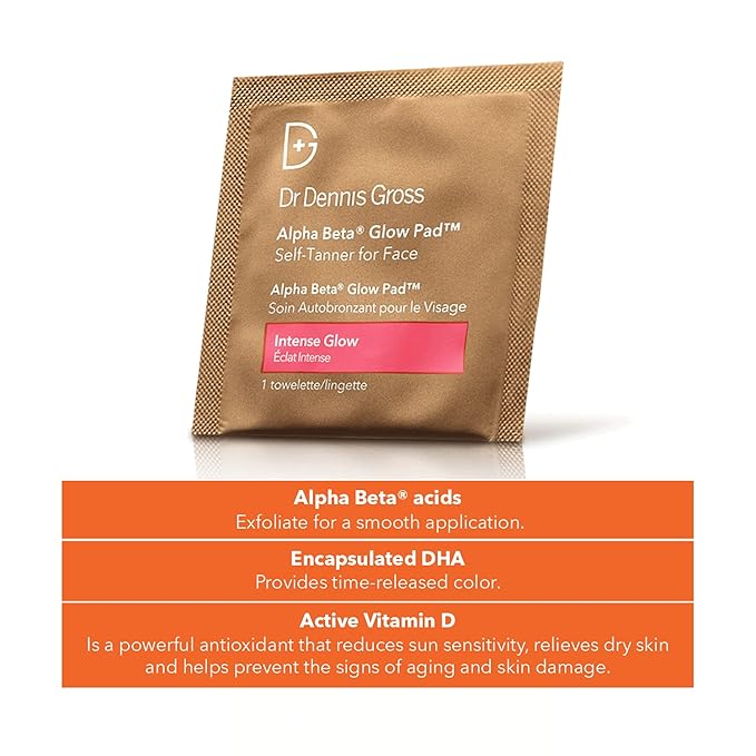 Dr Dennis Gross Alpha Beta Glow Pad Self Tanner Intense Glow for Face: for Dull Skin Lacking Radiance & Glow, (20 Towelettes)