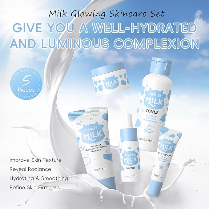 Milk Skin Care Set, 5PCS Nourishing & Hydrating Facial Care Kit for Women & Teens, Includes Cleanser, Toner, Serum, Eye Cream, Moisturizer, Gentle Daily Facial Care Gift Set Routine Kit