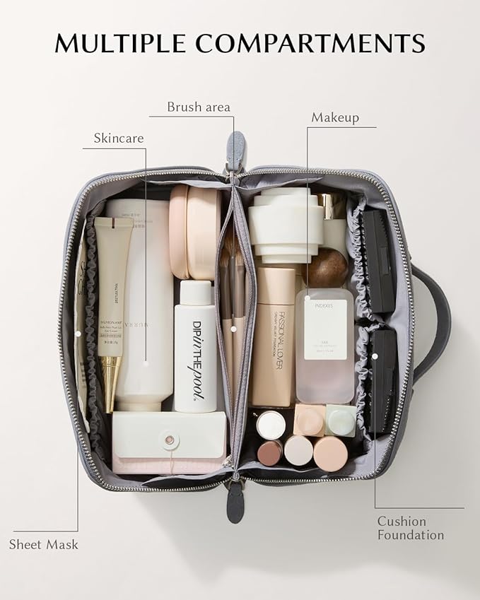 EACHY Leather Makeup Bag, Portable 180° Wide-Open Flat Cosmetic Bag for Women, Large Capacity Make Up Organizer Makeup Pouch with Divider and Handle