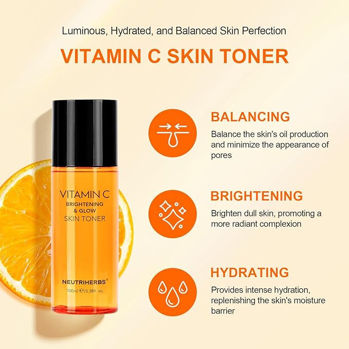 Neutriherbs Vitamin C Toner for Face Alcohol Free Facial Toner with Aloe Vera Witch Hazel Extract Hyaluronic Acid Moisturizing and Smoothing Skin 100ml e/3.38fl. oz.