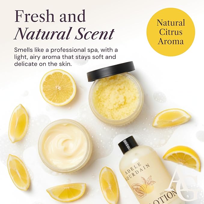 Self Care Kit Woman - 4pcs Citrus Scent - Bath and Body Care Gift Basket for Women - Personal Care Spa Care Package with Body Wash, Lotion, Scrub & Butter, Birthday Gifts for Her